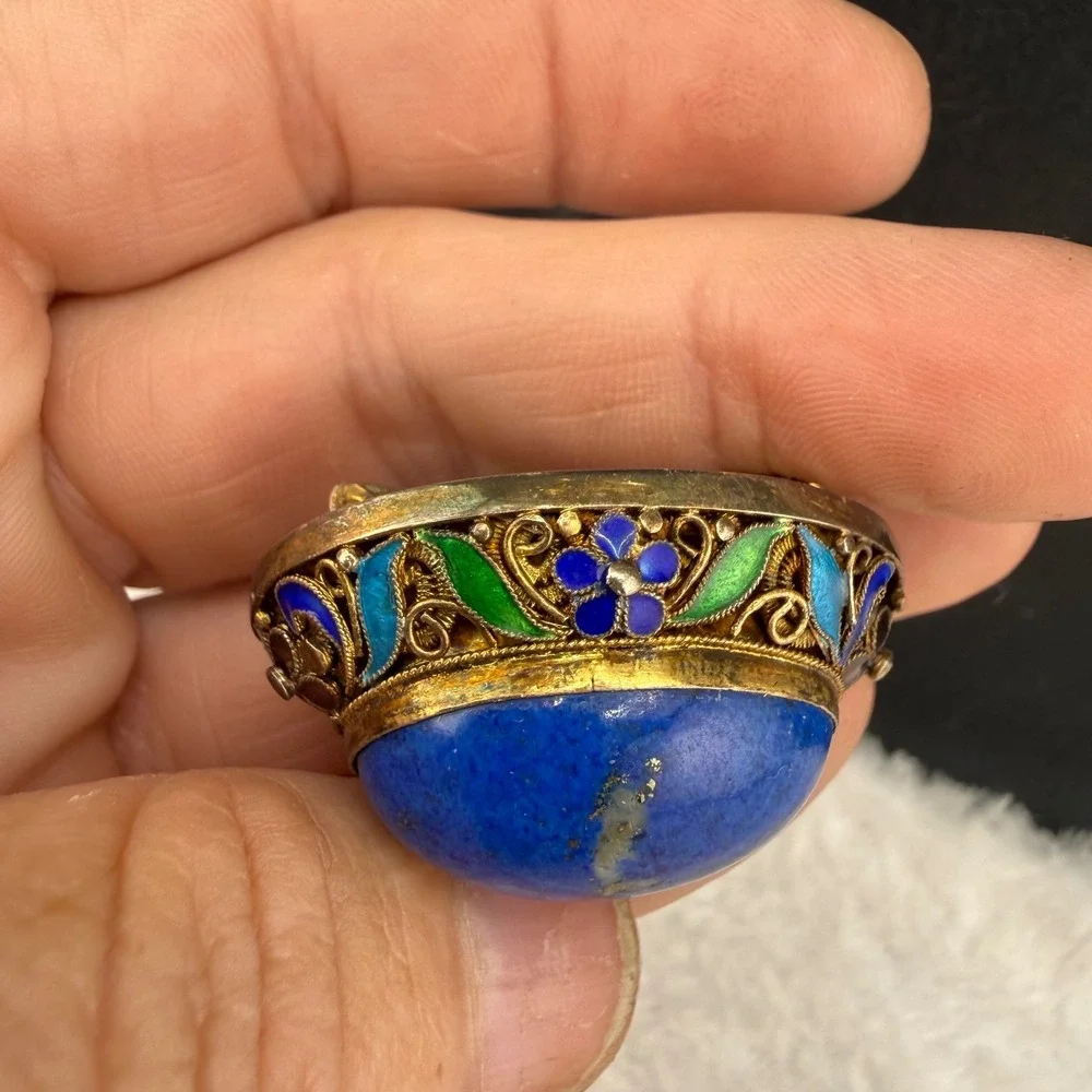 Vintage Chinese Export Enamel Filigree Brooch Blue Sterling Silver 925